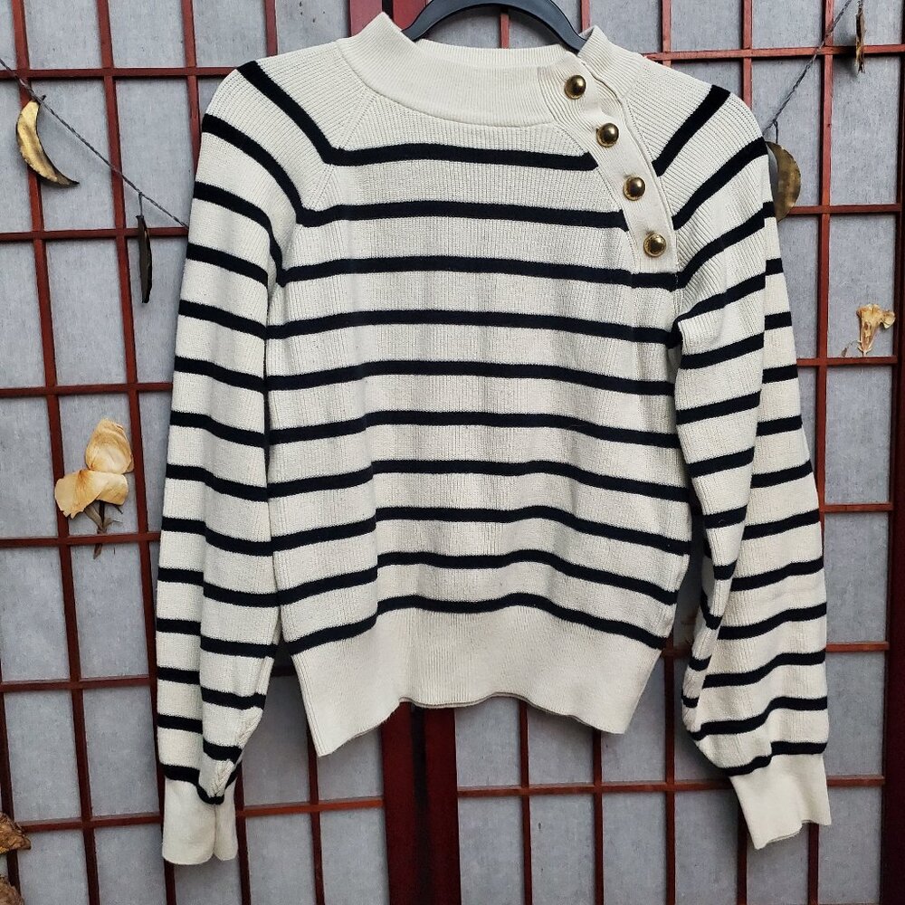 Who Wear What striped High Neck Pullover sweater with gold buttons